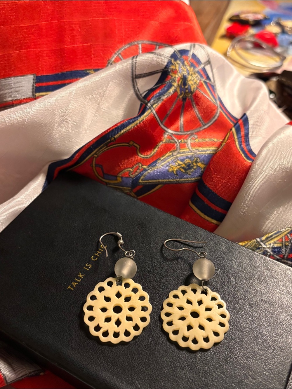Vintage Carved Bone Mandala Filigree Earrings, Frosted Sea Glass Beads #bohochic